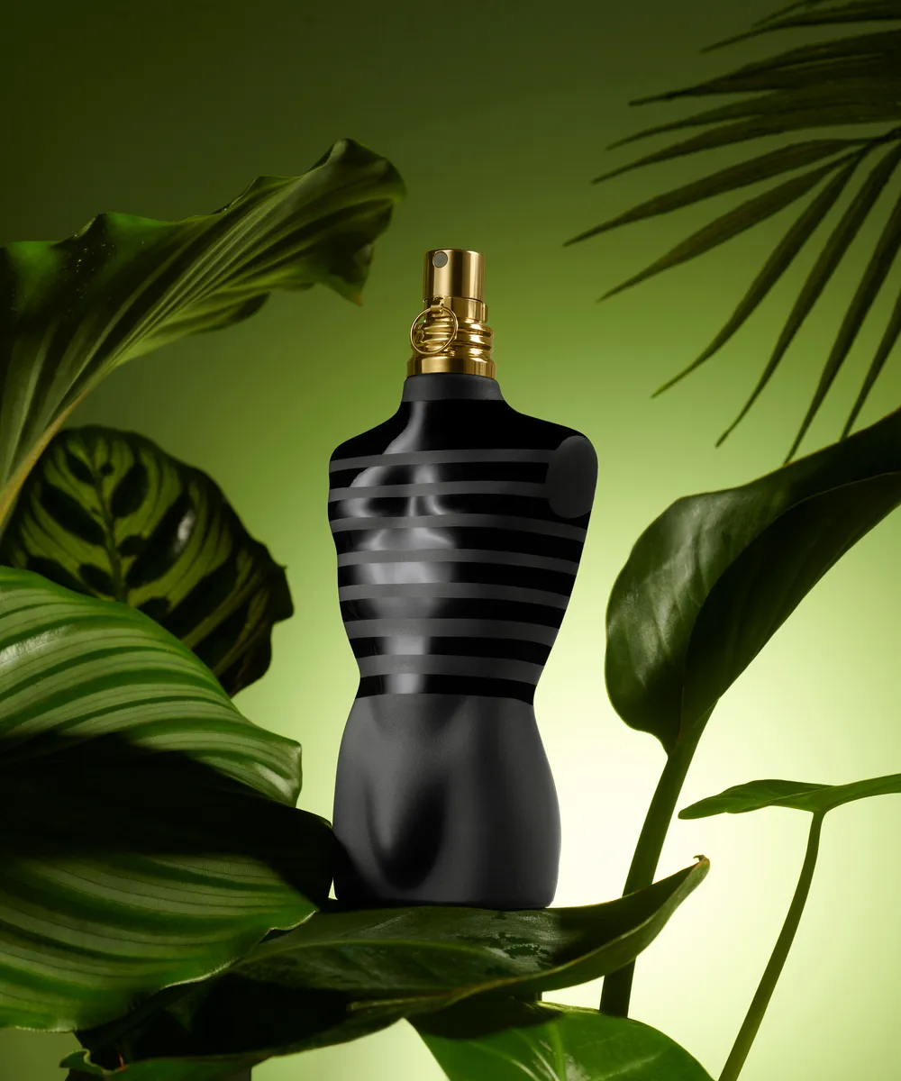 Frasco preto de Le Male, Jean Paul Gaultier, entre folhagem verde