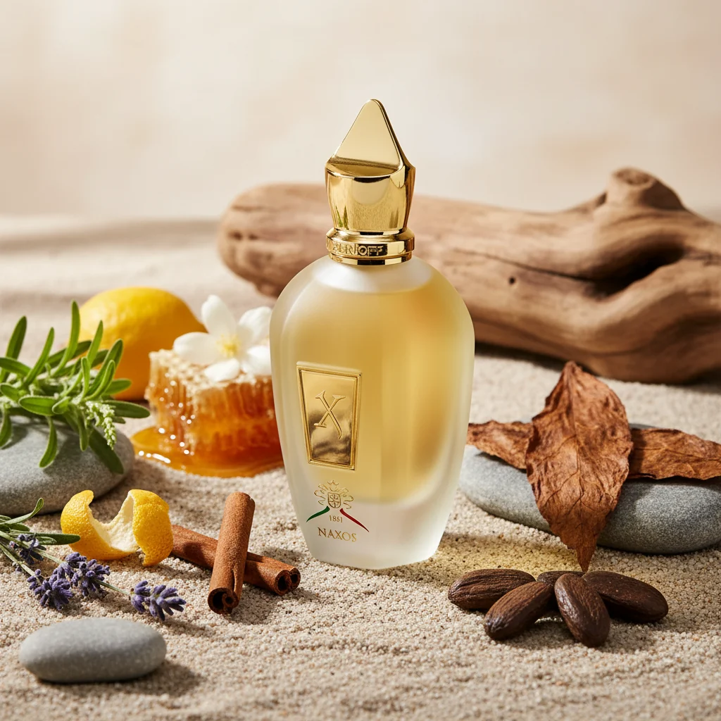 Frasco dourado de Naxos, Xerjoff, sobre areia com especiarias